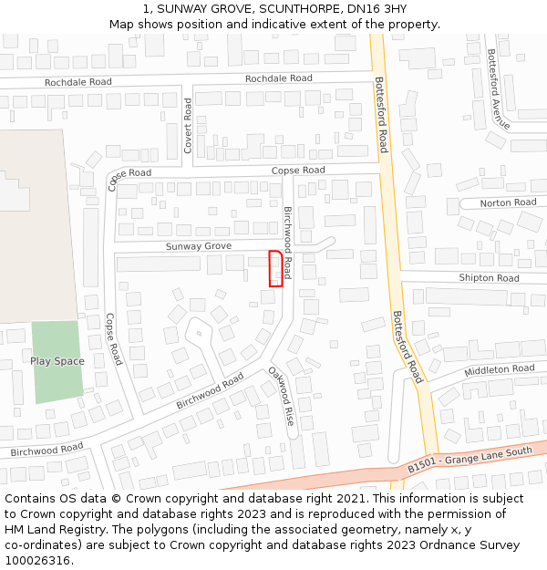 1, SUNWAY GROVE, SCUNTHORPE, DN16 3HY: Location map and indicative extent of plot