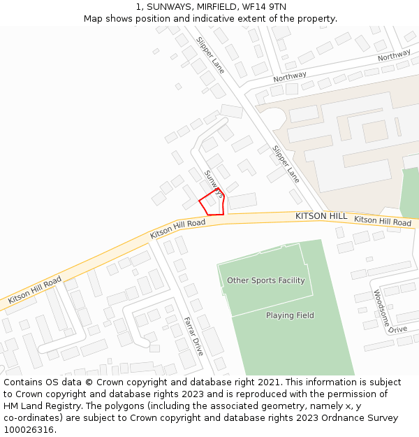 1, SUNWAYS, MIRFIELD, WF14 9TN: Location map and indicative extent of plot