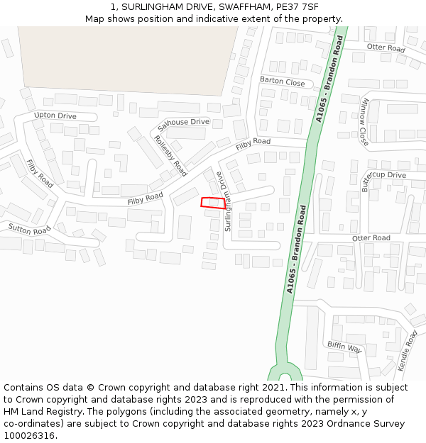 1, SURLINGHAM DRIVE, SWAFFHAM, PE37 7SF: Location map and indicative extent of plot