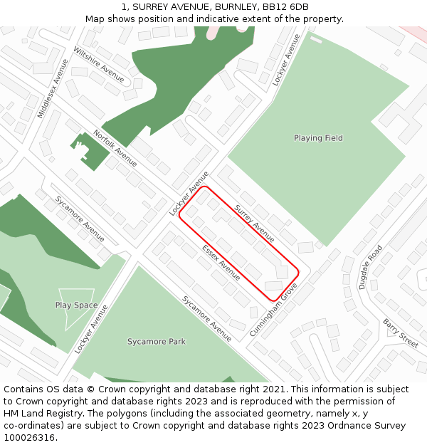 1, SURREY AVENUE, BURNLEY, BB12 6DB: Location map and indicative extent of plot