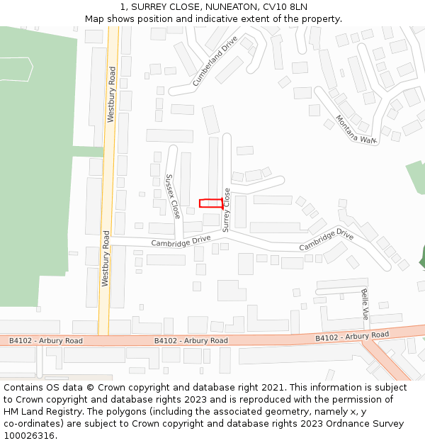 1, SURREY CLOSE, NUNEATON, CV10 8LN: Location map and indicative extent of plot