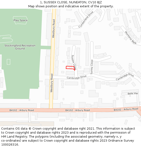 1, SUSSEX CLOSE, NUNEATON, CV10 8JZ: Location map and indicative extent of plot