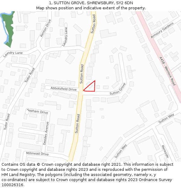 1, SUTTON GROVE, SHREWSBURY, SY2 6DN: Location map and indicative extent of plot