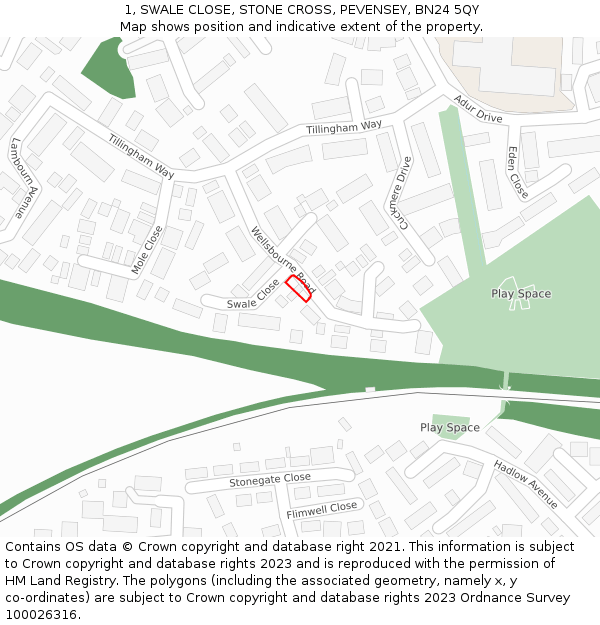 1, SWALE CLOSE, STONE CROSS, PEVENSEY, BN24 5QY: Location map and indicative extent of plot