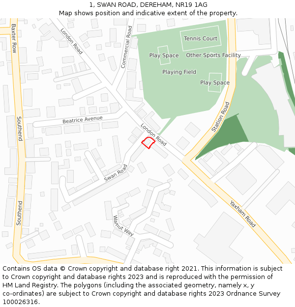 1, SWAN ROAD, DEREHAM, NR19 1AG: Location map and indicative extent of plot