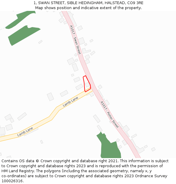 1, SWAN STREET, SIBLE HEDINGHAM, HALSTEAD, CO9 3RE: Location map and indicative extent of plot