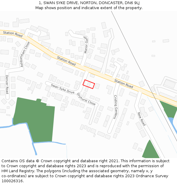 1, SWAN SYKE DRIVE, NORTON, DONCASTER, DN6 9LJ: Location map and indicative extent of plot