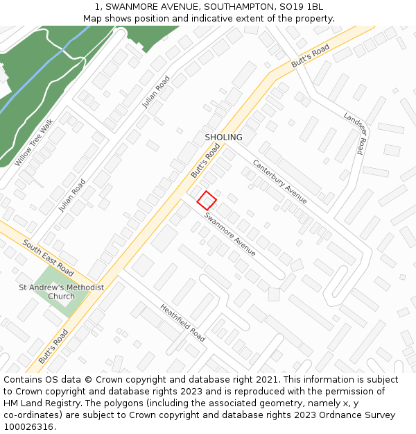 1, SWANMORE AVENUE, SOUTHAMPTON, SO19 1BL: Location map and indicative extent of plot