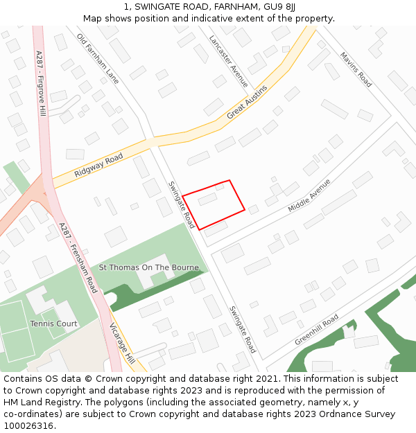 1, SWINGATE ROAD, FARNHAM, GU9 8JJ: Location map and indicative extent of plot