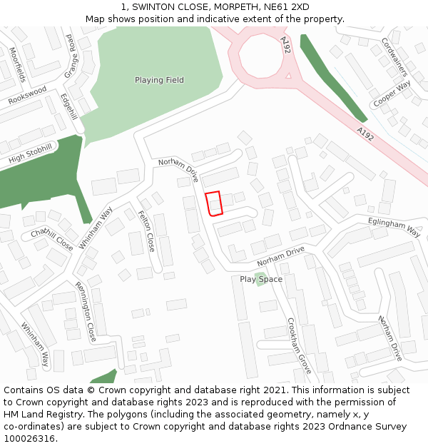 1, SWINTON CLOSE, MORPETH, NE61 2XD: Location map and indicative extent of plot