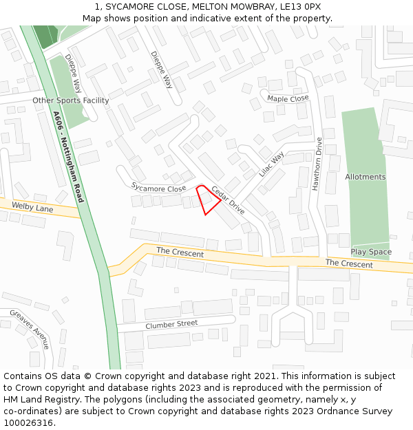 1, SYCAMORE CLOSE, MELTON MOWBRAY, LE13 0PX: Location map and indicative extent of plot