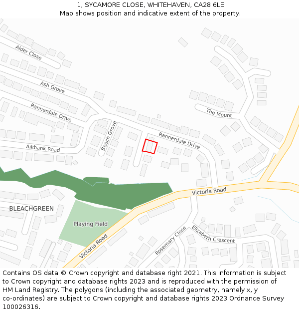 1, SYCAMORE CLOSE, WHITEHAVEN, CA28 6LE: Location map and indicative extent of plot