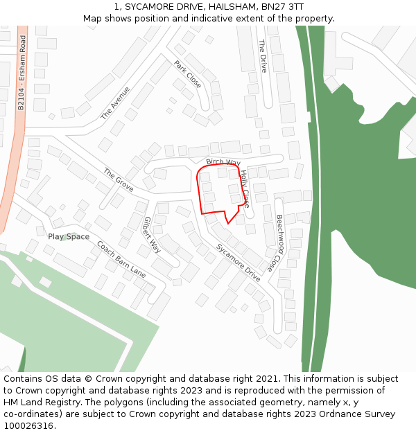 1, SYCAMORE DRIVE, HAILSHAM, BN27 3TT: Location map and indicative extent of plot