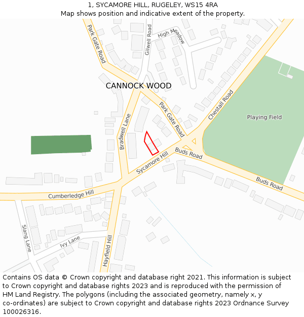 1, SYCAMORE HILL, RUGELEY, WS15 4RA: Location map and indicative extent of plot