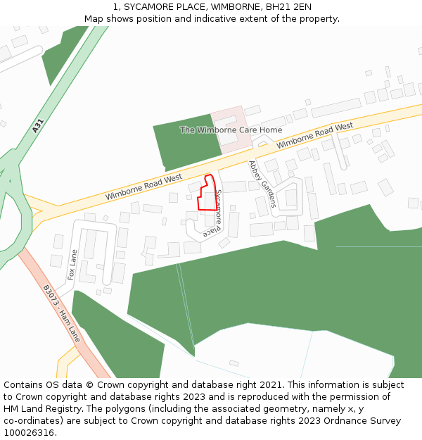 1, SYCAMORE PLACE, WIMBORNE, BH21 2EN: Location map and indicative extent of plot