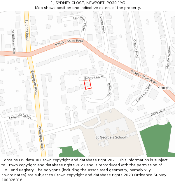 1, SYDNEY CLOSE, NEWPORT, PO30 1YG: Location map and indicative extent of plot