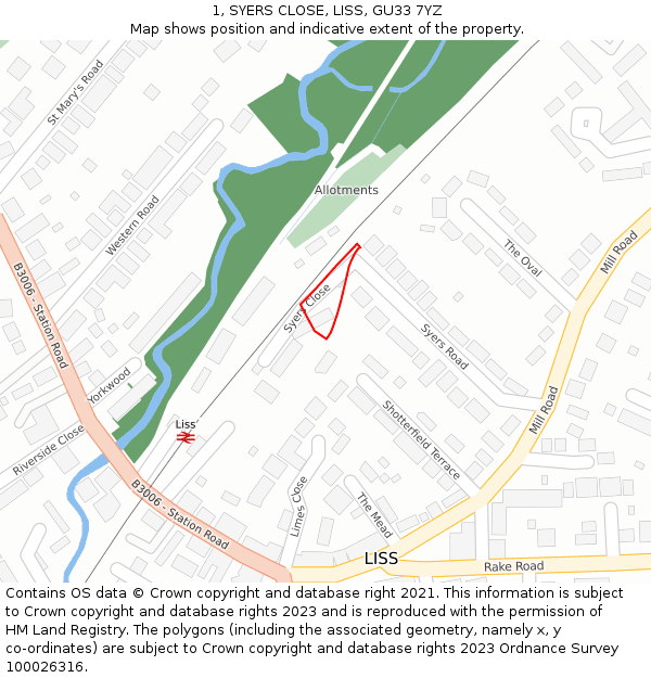 1, SYERS CLOSE, LISS, GU33 7YZ: Location map and indicative extent of plot