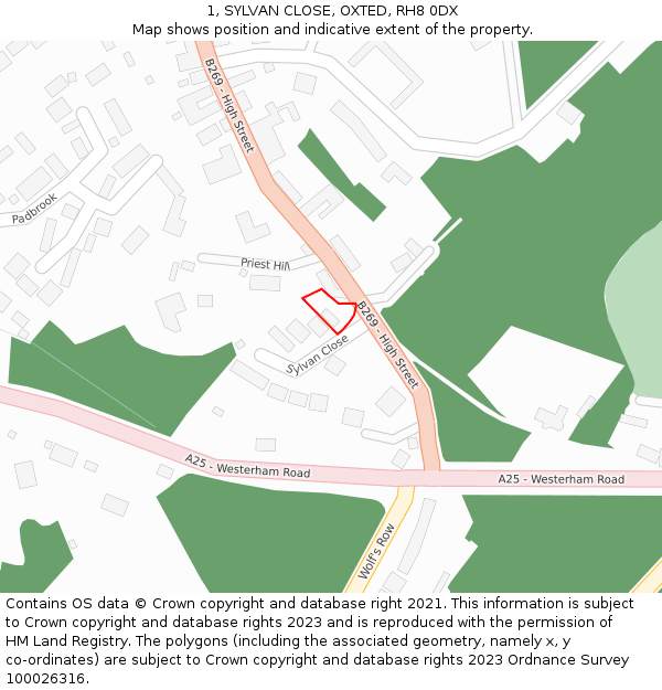 1, SYLVAN CLOSE, OXTED, RH8 0DX: Location map and indicative extent of plot