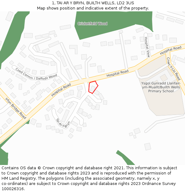 1, TAI AR Y BRYN, BUILTH WELLS, LD2 3US: Location map and indicative extent of plot