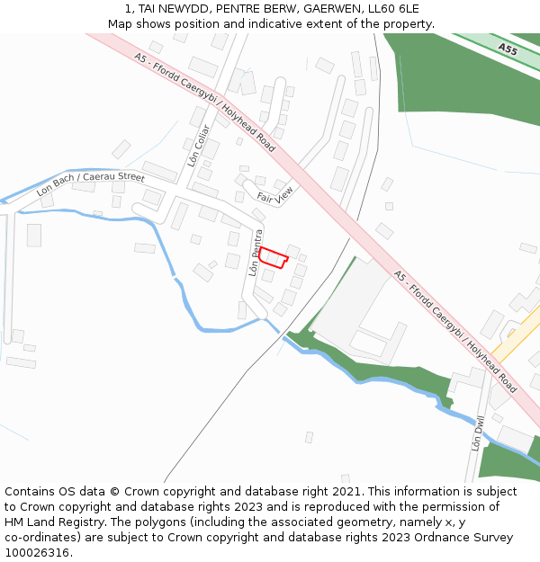 1, TAI NEWYDD, PENTRE BERW, GAERWEN, LL60 6LE: Location map and indicative extent of plot