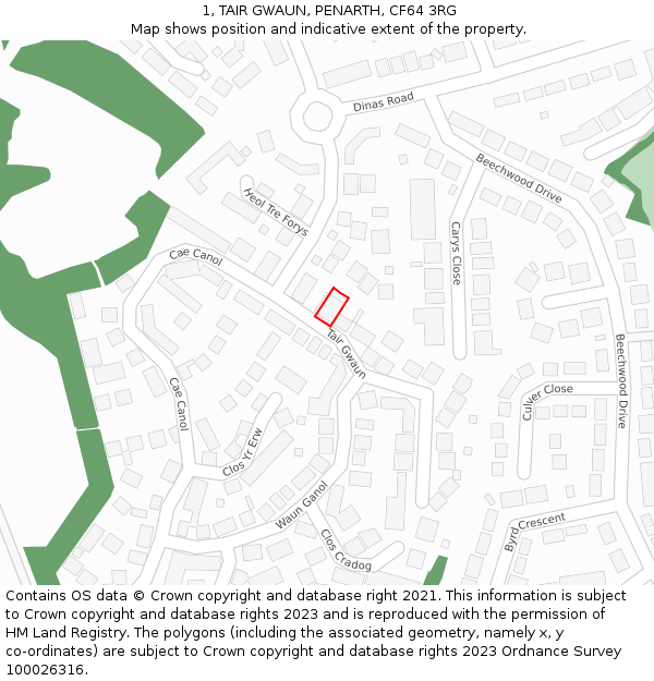 1, TAIR GWAUN, PENARTH, CF64 3RG: Location map and indicative extent of plot