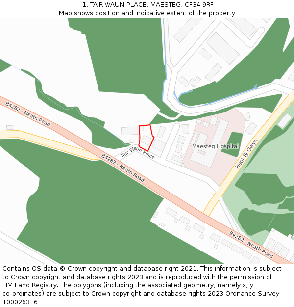 1, TAIR WAUN PLACE, MAESTEG, CF34 9RF: Location map and indicative extent of plot