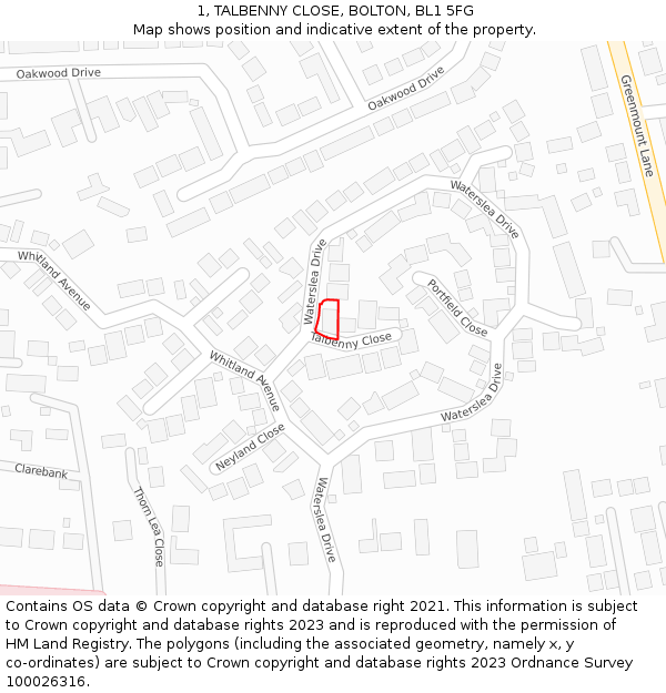 1, TALBENNY CLOSE, BOLTON, BL1 5FG: Location map and indicative extent of plot