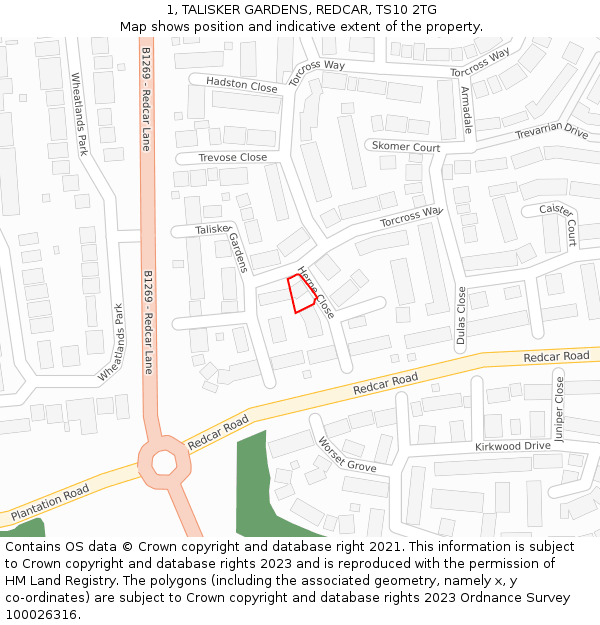 1, TALISKER GARDENS, REDCAR, TS10 2TG: Location map and indicative extent of plot