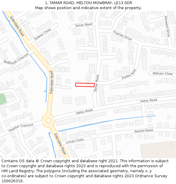 1, TAMAR ROAD, MELTON MOWBRAY, LE13 0DR: Location map and indicative extent of plot