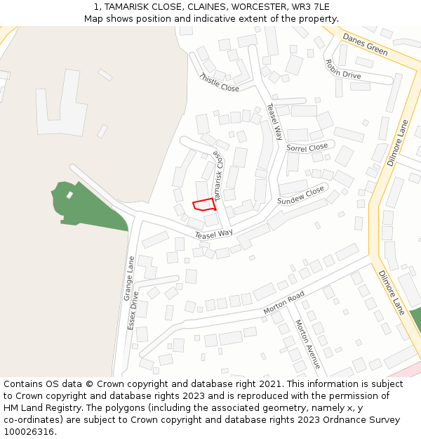 1, TAMARISK CLOSE, CLAINES, WORCESTER, WR3 7LE: Location map and indicative extent of plot