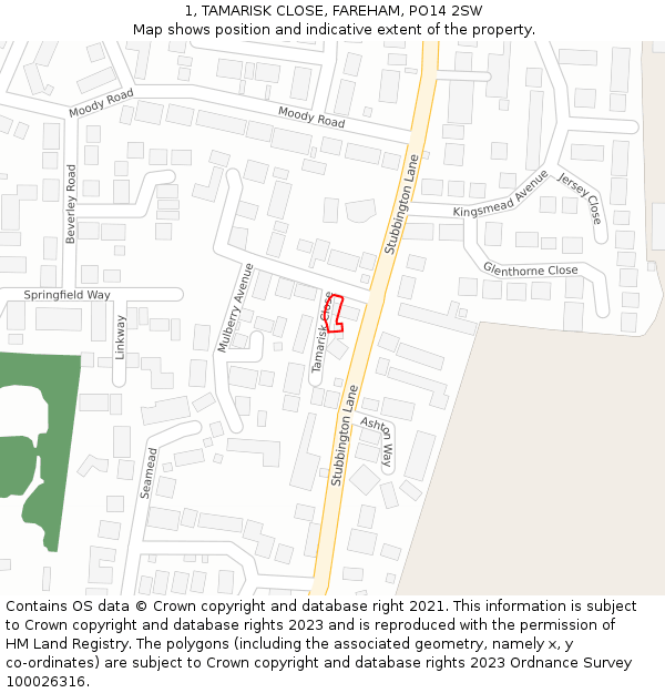 1, TAMARISK CLOSE, FAREHAM, PO14 2SW: Location map and indicative extent of plot