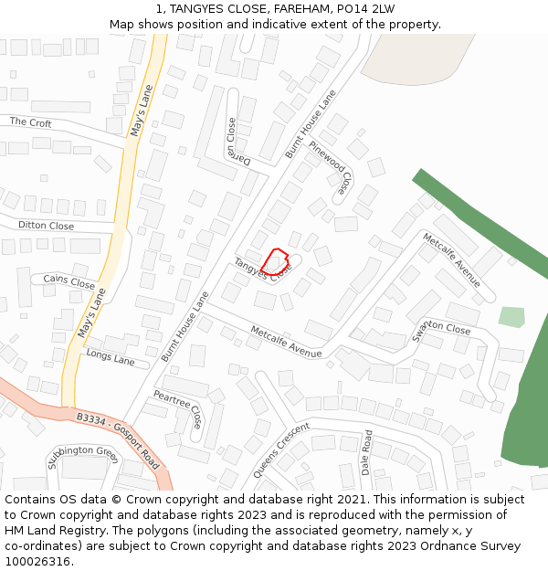 1, TANGYES CLOSE, FAREHAM, PO14 2LW: Location map and indicative extent of plot