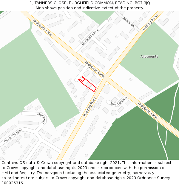 1, TANNERS CLOSE, BURGHFIELD COMMON, READING, RG7 3JQ: Location map and indicative extent of plot