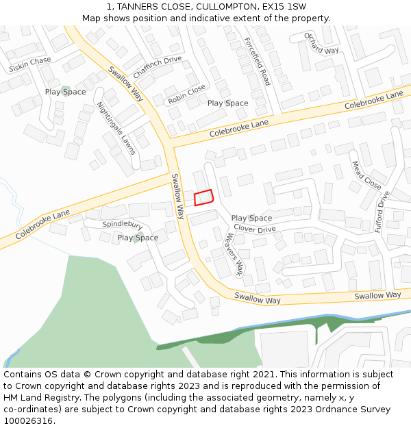 1, TANNERS CLOSE, CULLOMPTON, EX15 1SW: Location map and indicative extent of plot