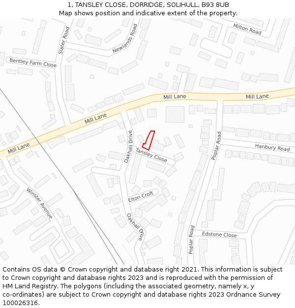 1, TANSLEY CLOSE, DORRIDGE, SOLIHULL, B93 8UB: Location map and indicative extent of plot