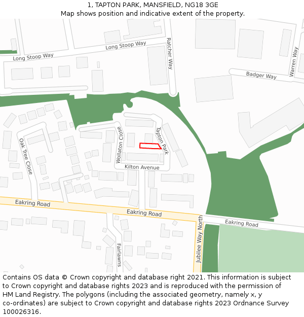 1, TAPTON PARK, MANSFIELD, NG18 3GE: Location map and indicative extent of plot