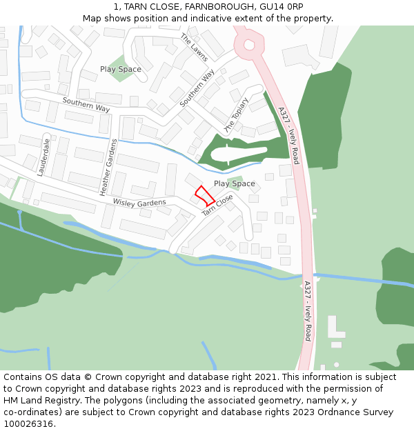 1, TARN CLOSE, FARNBOROUGH, GU14 0RP: Location map and indicative extent of plot