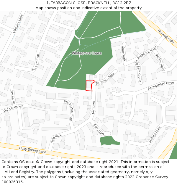 1, TARRAGON CLOSE, BRACKNELL, RG12 2BZ: Location map and indicative extent of plot