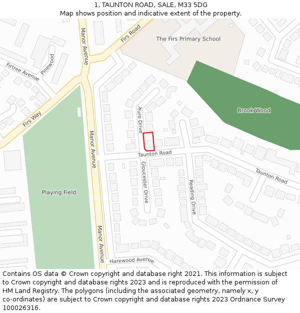 1, TAUNTON ROAD, SALE, M33 5DG: Location map and indicative extent of plot