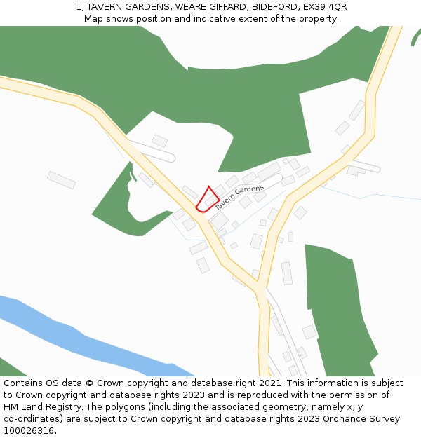 1, TAVERN GARDENS, WEARE GIFFARD, BIDEFORD, EX39 4QR: Location map and indicative extent of plot