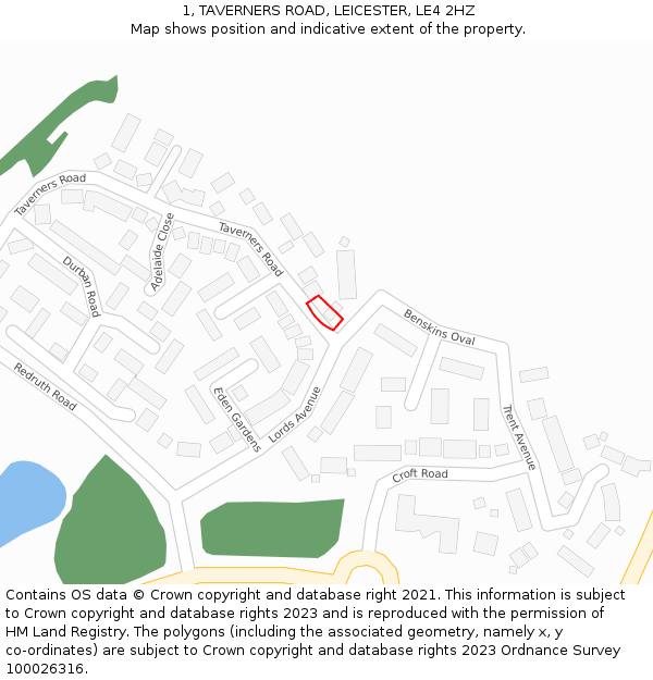 1, TAVERNERS ROAD, LEICESTER, LE4 2HZ: Location map and indicative extent of plot