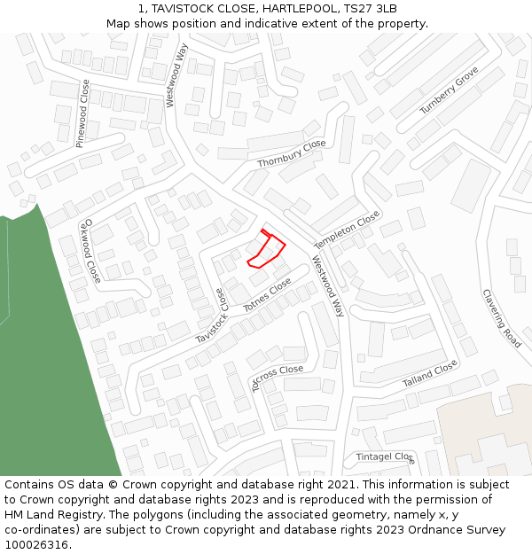 1, TAVISTOCK CLOSE, HARTLEPOOL, TS27 3LB: Location map and indicative extent of plot