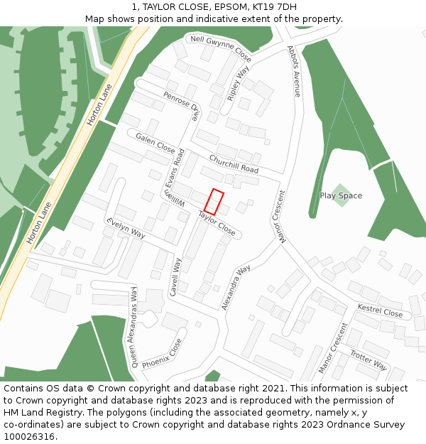 1, TAYLOR CLOSE, EPSOM, KT19 7DH: Location map and indicative extent of plot