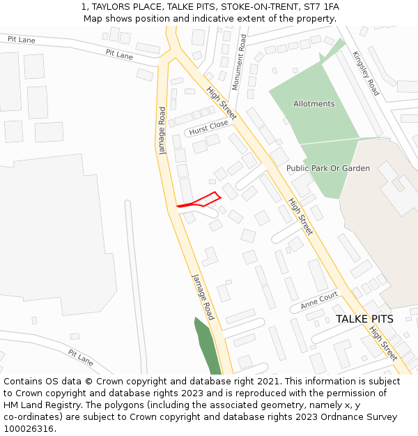 1, TAYLORS PLACE, TALKE PITS, STOKE-ON-TRENT, ST7 1FA: Location map and indicative extent of plot