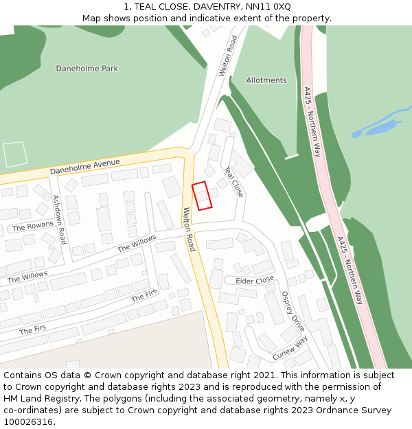 1, TEAL CLOSE, DAVENTRY, NN11 0XQ: Location map and indicative extent of plot