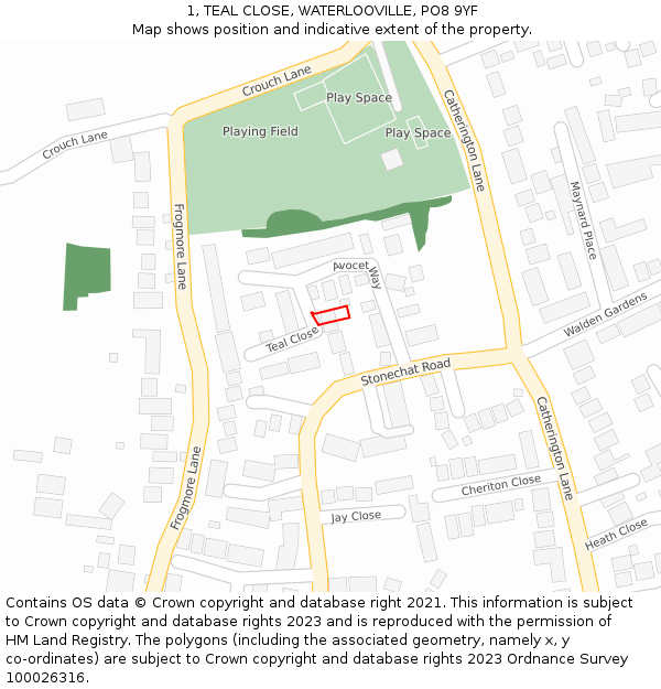 1, TEAL CLOSE, WATERLOOVILLE, PO8 9YF: Location map and indicative extent of plot