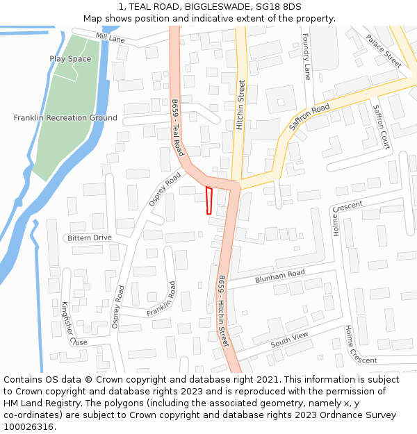 1, TEAL ROAD, BIGGLESWADE, SG18 8DS: Location map and indicative extent of plot