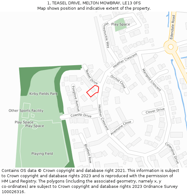 1, TEASEL DRIVE, MELTON MOWBRAY, LE13 0FS: Location map and indicative extent of plot