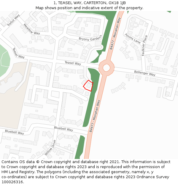 1, TEASEL WAY, CARTERTON, OX18 1JB: Location map and indicative extent of plot
