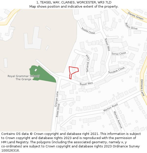 1, TEASEL WAY, CLAINES, WORCESTER, WR3 7LD: Location map and indicative extent of plot